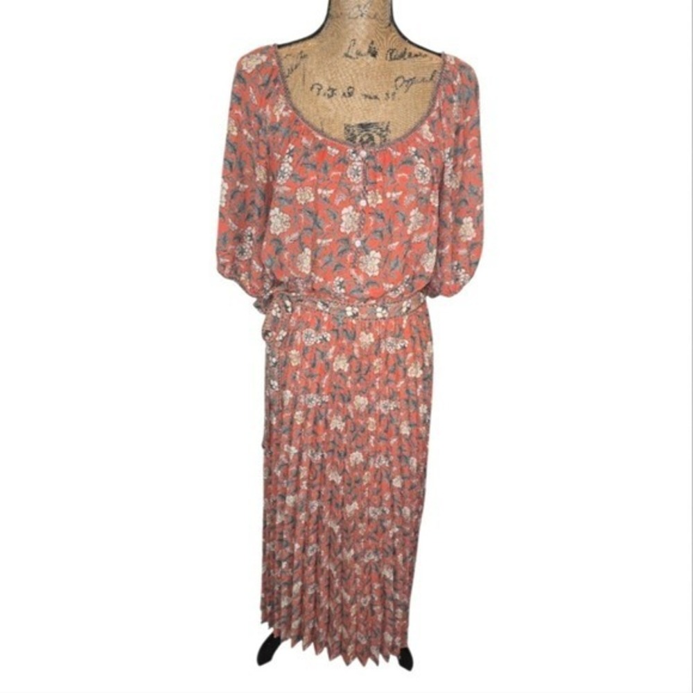 Max Studio Floral Pleated Midi Dress Rust Orange Cottagecore Prairie Boho Chic L